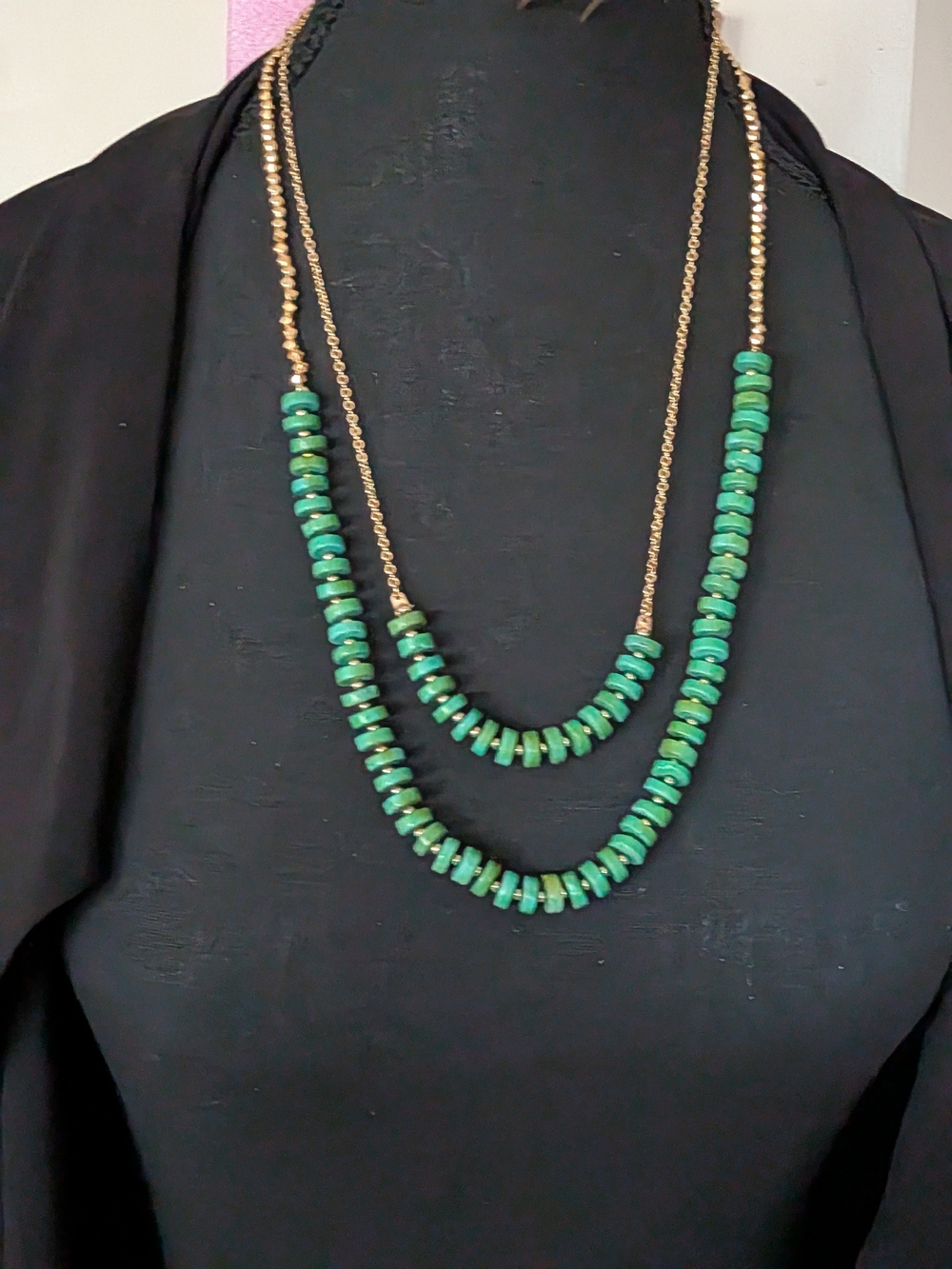 Two Heishi Green Beaded Necklaces  - Women Jewelry Gold Tone